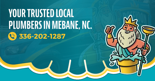 A blue and yellow ad banner for local plumbers features Poseidon, a cartoon god of the sea, holding a plunger.