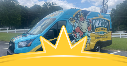 light blue van parked with a Poseidon Plumbing logo.