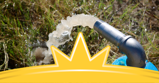 A water spout against bright green grass is showcased by a yellow starburst.