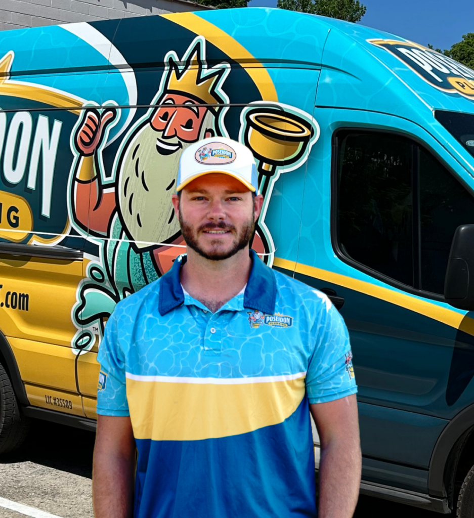 Poseidon Plumbing owner standing in front of a plumbing repair service van in Mebane and Raleigh, NC